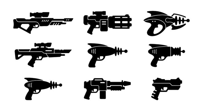 Retro Sci-Fi Ray Guns, Futuristic Weapons Collection, Vintage Space Blasters Set