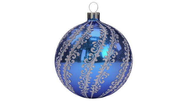 Shiny blue glass Christmas ornament with silver scroll pattern, isolated on transparent background