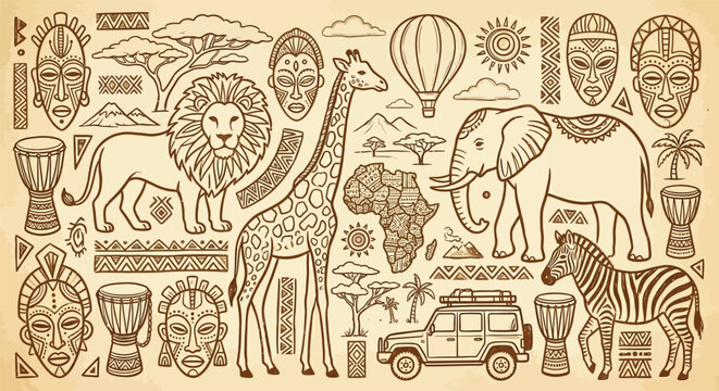 African Safari Adventure Hand-Drawn Doodle Collection