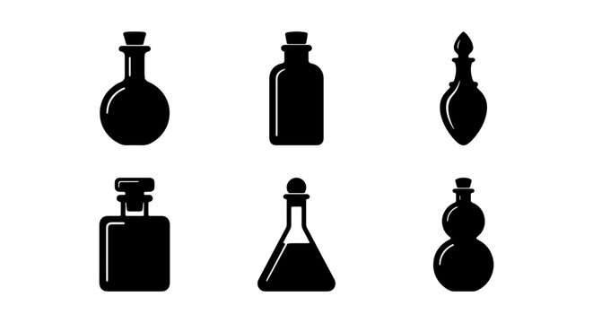 Vintage Potion Bottles, Black Silhouette Icons, Alchemy Elixir Containers, Retro Glassware