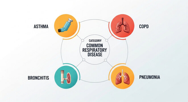 Common respiratory disease informational poster displaying categories of asthma copd bronchitis and pneumonia with medical lung icons and inhaler graphics on clean white backdrop.
