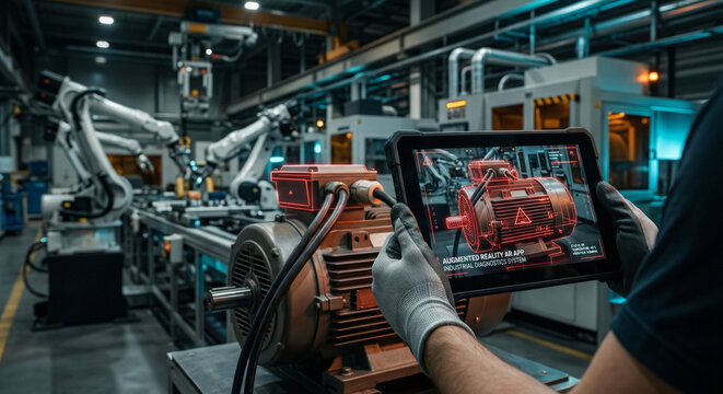 Engineer utilizes augmented reality tablet for real time industrial motor diagnostics maintenance scan in modern automated factory environment with robotic arms in production line.