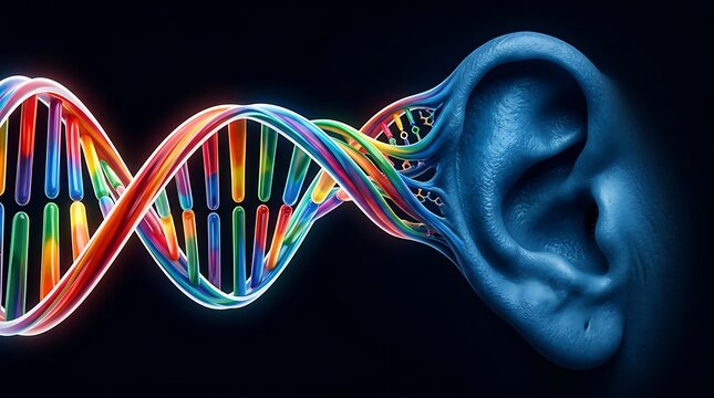 dna helix and human ear conceptual 3d render on black background
