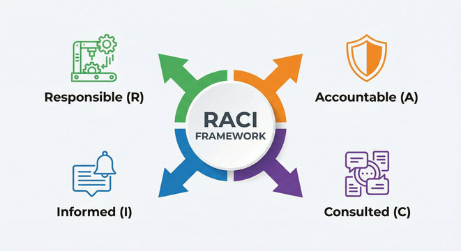 RACI framework business concept showing responsible, accountable, consulted, informed roles with modern icons on clean white background.