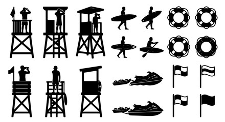 Lifeguard Tower Icons, Surfboard & Kayak Silhouettes, Safety Buoys, Jet Ski Graphics, Beach Flags Vector Set for Summer Safety and Recreation © Minhazul
