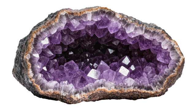 Natural amethyst geode with sparkling purple crystals, isolated on transparent background