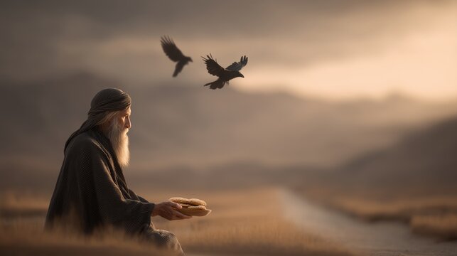Prophet elijah finding solace and sustenance by the river in a desert with ravens