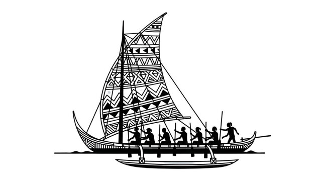 A traditional sailing canoe with a decorated sail and crew rowing across calm waters in a scenic landscape