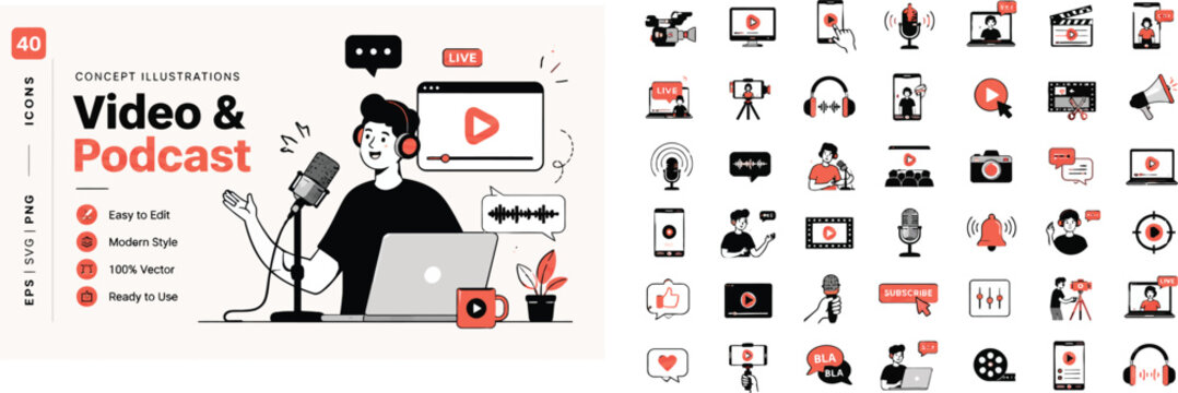 Video Podcast Recording Flat Illustration Set