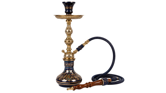 Traditional golden hookah with ornate brass details, luxury shisha pipe with black hose, elegant oriental waterpipe isolated on white background