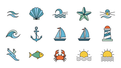 Oceanic scene with various nautical icons floating on water near sunny coast © Stock Image Paradise