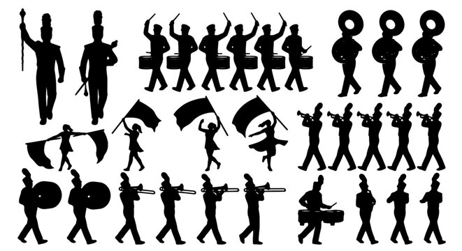 Marching Band Silhouettes, Drumline and Flag Corps Vector Icons Set: Performance, Parade, Music, Celebration