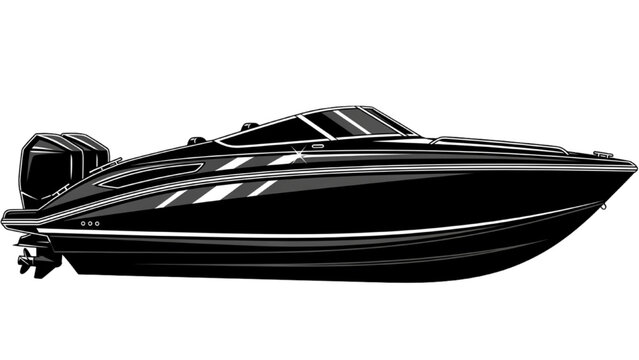 The sleek black speedboat is racing across the calm lake on a sunny day.