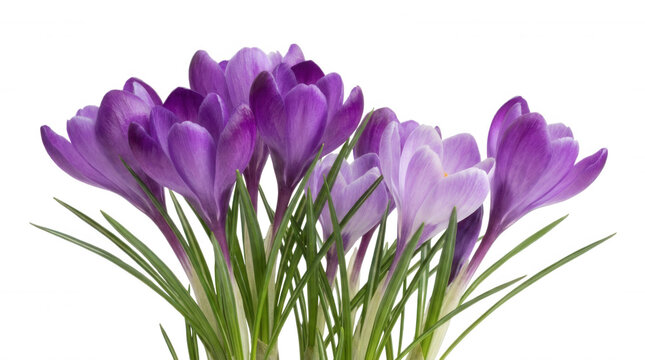 Purple crocus flowers with green stems blooming in bright daylight isolated on transparent background