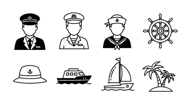 Nautical officers and crew operate a ship near a tropical island