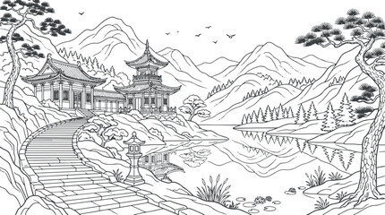 Naklejka premium Serene asian temple by a lake with mountains in the background