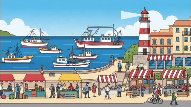 People walk along beach with boats and lighthouse in background