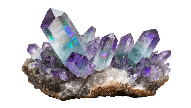 Cluster of purple and blue amethyst crystals with iridescent sheen, isolated on transparent background