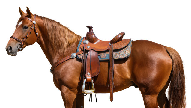Brown horse with western saddle and bridle, isolated on transparent background