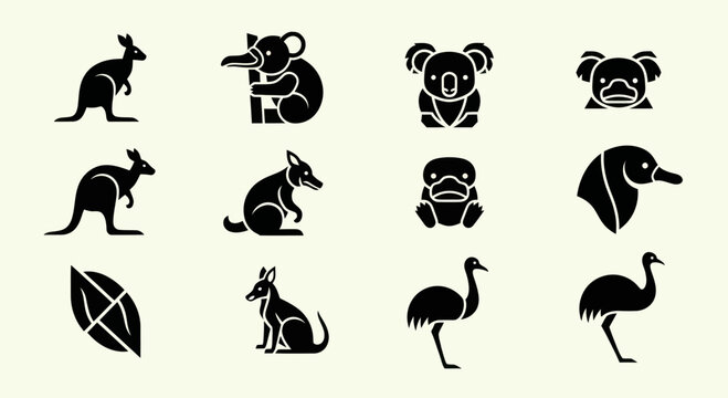 Australian Animals Icons Set: Kangaroo, Koala, Platypus, Emu, Dingo, Wombat