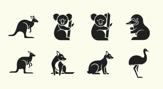 Australian Animals Silhouette Icons: Kangaroo, Koala, Platypus, Emu, Dingo