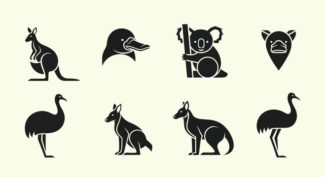 Australian Animals Silhouettes Collection: Kangaroo, Koala, Emu, Platypus, Dingo