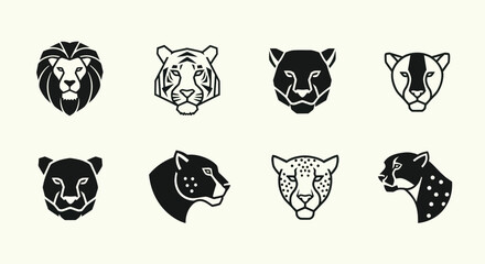 Big Cat Icons: Lion, Tiger, Jaguar, Leopard, Cheetah, Panther - Vector Set © Brembo