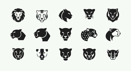 Big Cat Icons: Lion, Tiger, Leopard, Jaguar, Panther, Cheetah Silhouette Set © Brembo