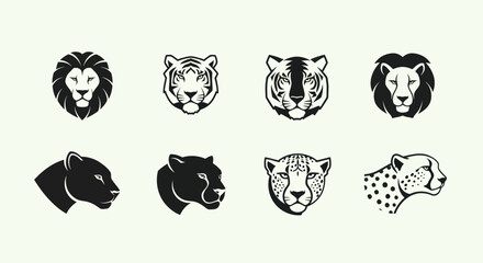 Big Cat Icons: Lion, Tiger, Panther, Cheetah Faces - Vector Set © Brembo