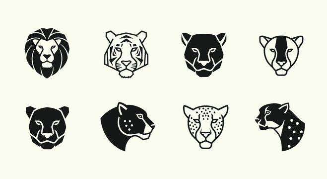 Big Cat Icons: Lion, Tiger, Jaguar, Leopard, Cheetah, Panther - Vector Set
