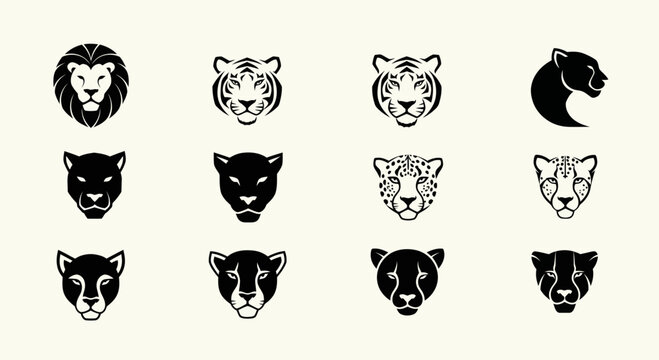 Big Cat Icons: Lion, Tiger, Leopard, Jaguar, Panther Heads Silhouette Collection