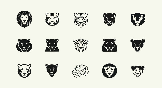 Big Cat Icons: Lion, Tiger, Leopard, Jaguar, Panther, Puma - Vector Set