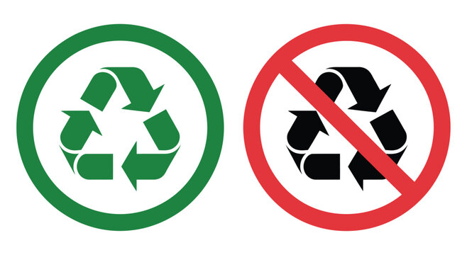 Recycle icon and no recycle symbol set representing recycling restriction, waste segregation control and environmental regulation signage, vector