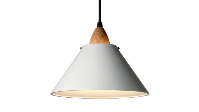White conical pendant lamp with wooden accent, isolated on transparent background