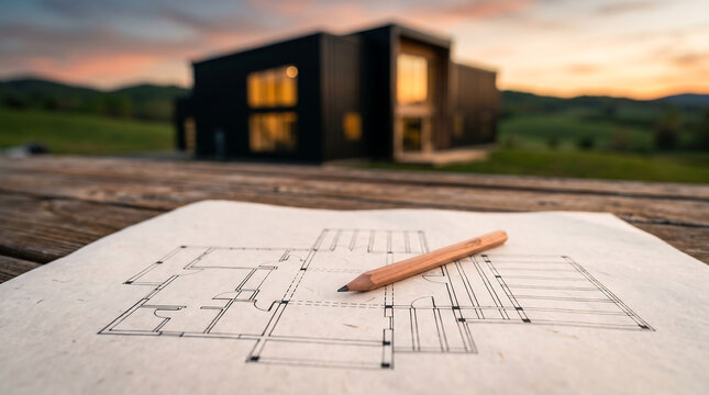 Architectural floor plan drawing with a pencil on a wooden table