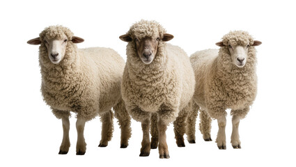 Three fluffy sheep with woolly coats standing together, isolated on transparent background © Sofix