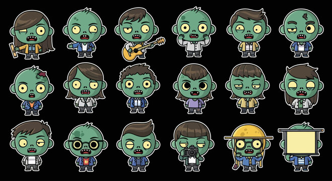 Cartoon Zombie Characters Collection, Pixel Art Style, Halloween Theme