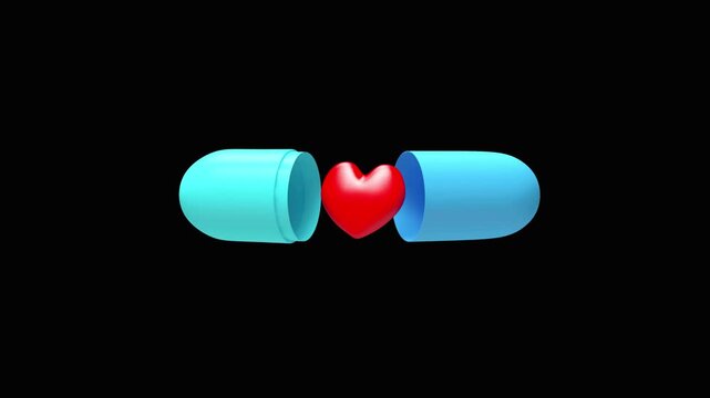 Blue capsule halves open and close around a red heart on a black background in a looping 3D animation
