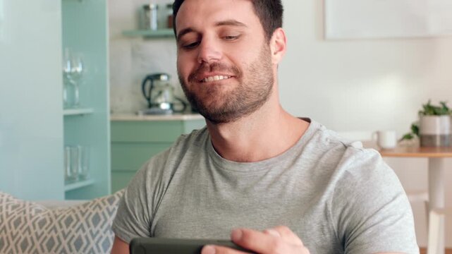 Phone, karaoke and man with remote in living room of home for singing, fun or entertainment. Microphone, music and hobby with happy person in apartment for energy, comic performance or practice