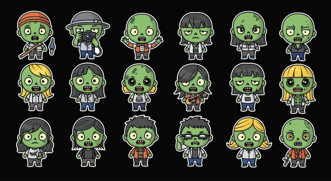 Cartoon Zombie Characters Set, Pixel Art Style, Halloween Theme