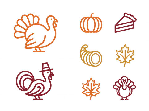 Thanksgiving icons with turkey pie and pumpkin in warm colors isolated on transparent background