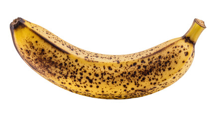 Ripe yellow banana with brown spots, isolated on transparent background