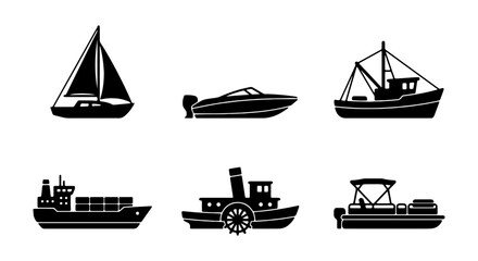 Nautical ship silhouettes, 6 boat icons set, maritime vessel vector collection © Roksana