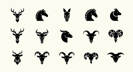 Collection of Animal Head Icons: Deer, Horse, Donkey, Ram, Goat, Antelope Silhouettes