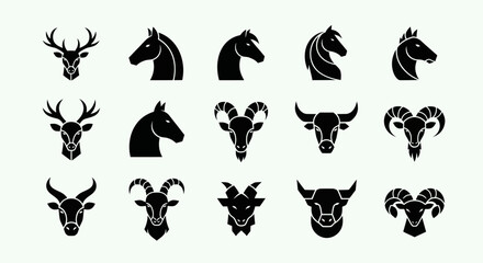 Fototapeta premium Collection of Animal Head Silhouettes: Deer, Horse, Bull, Ram, Goat Icons