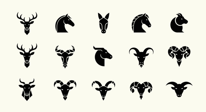 Collection of Animal Head Icons: Deer, Horse, Donkey, Ram, Goat, Antelope Silhouettes