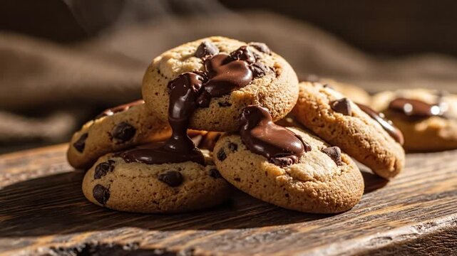 Delicious fresh baked chocolate chip cookies topped with melted dark chocolate on a wooden board ready to be served
