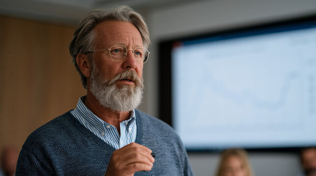 Forty-eight-year-old sleep researcher presenting REM sleep architecture data on a large conference screen to colleagues in a clinical neuroscience meeting room, aging sleep quality intervention, cir
