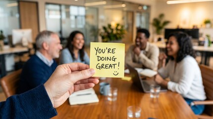 Obraz premium Close up of hand holding you are doing great sticky note in front of business team in meeting