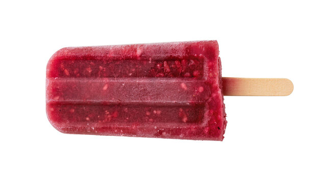 Frozen raspberry popsicle with wooden stick, isolated on transparent background